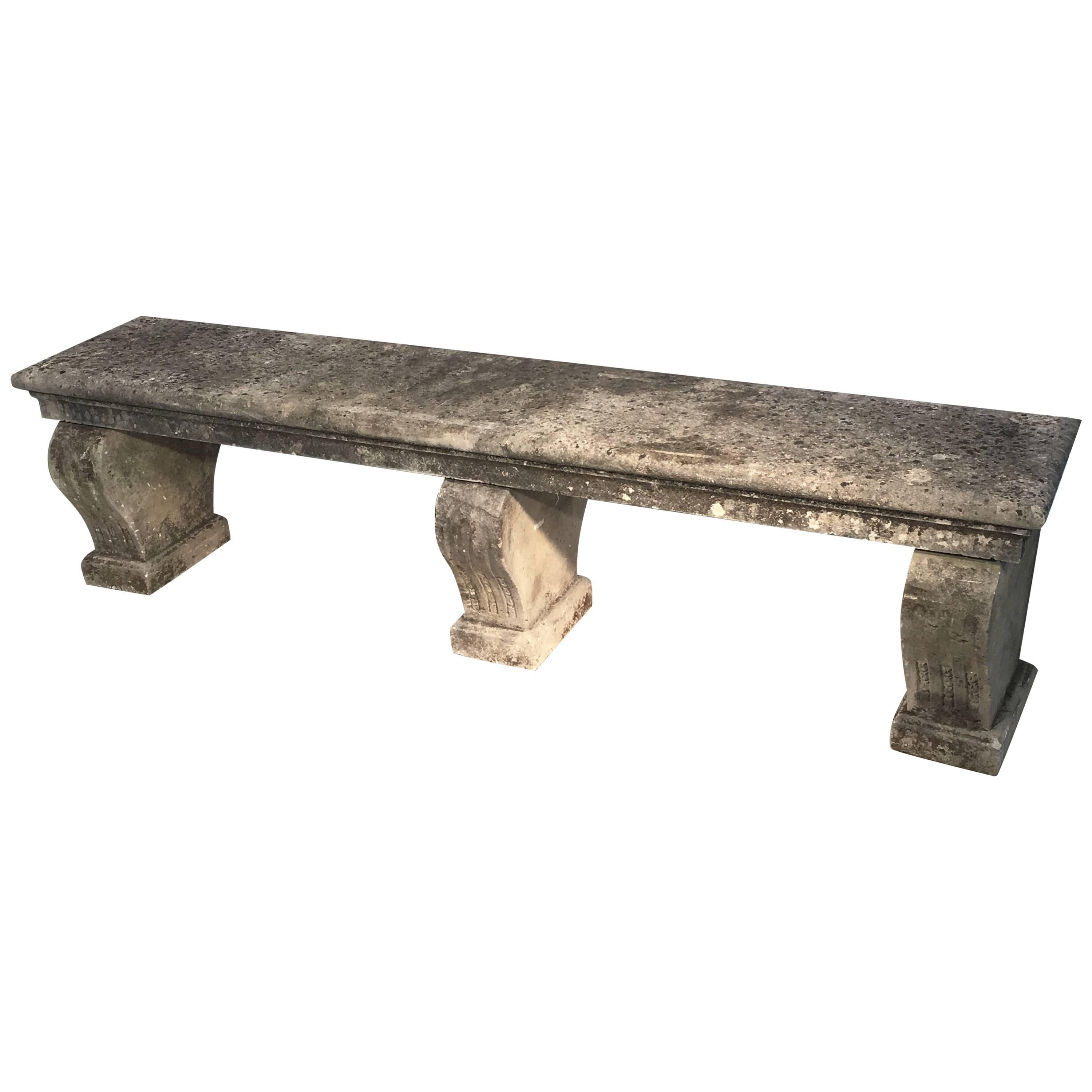 Long French Carved Limestone Bench with Three Supports