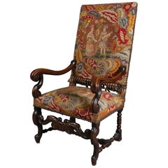 Antique Renaissance Revival Mahogany and Tapestry Throne Chair, 19th Century