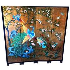 Vintage Coromandel Screen Lacquered Gold peacock , 2000