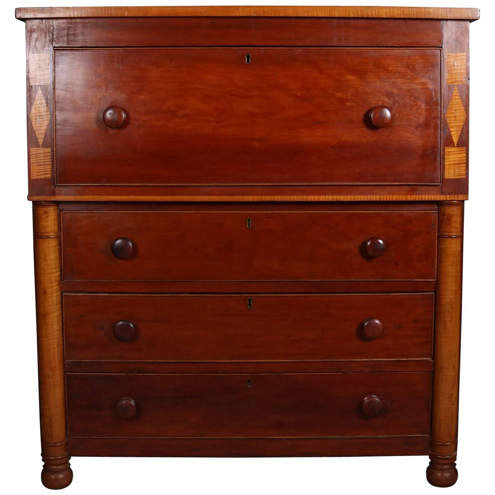 Classical Empire Tiger Maple Two-Tone Inlaid Drop Front Butlers Desk