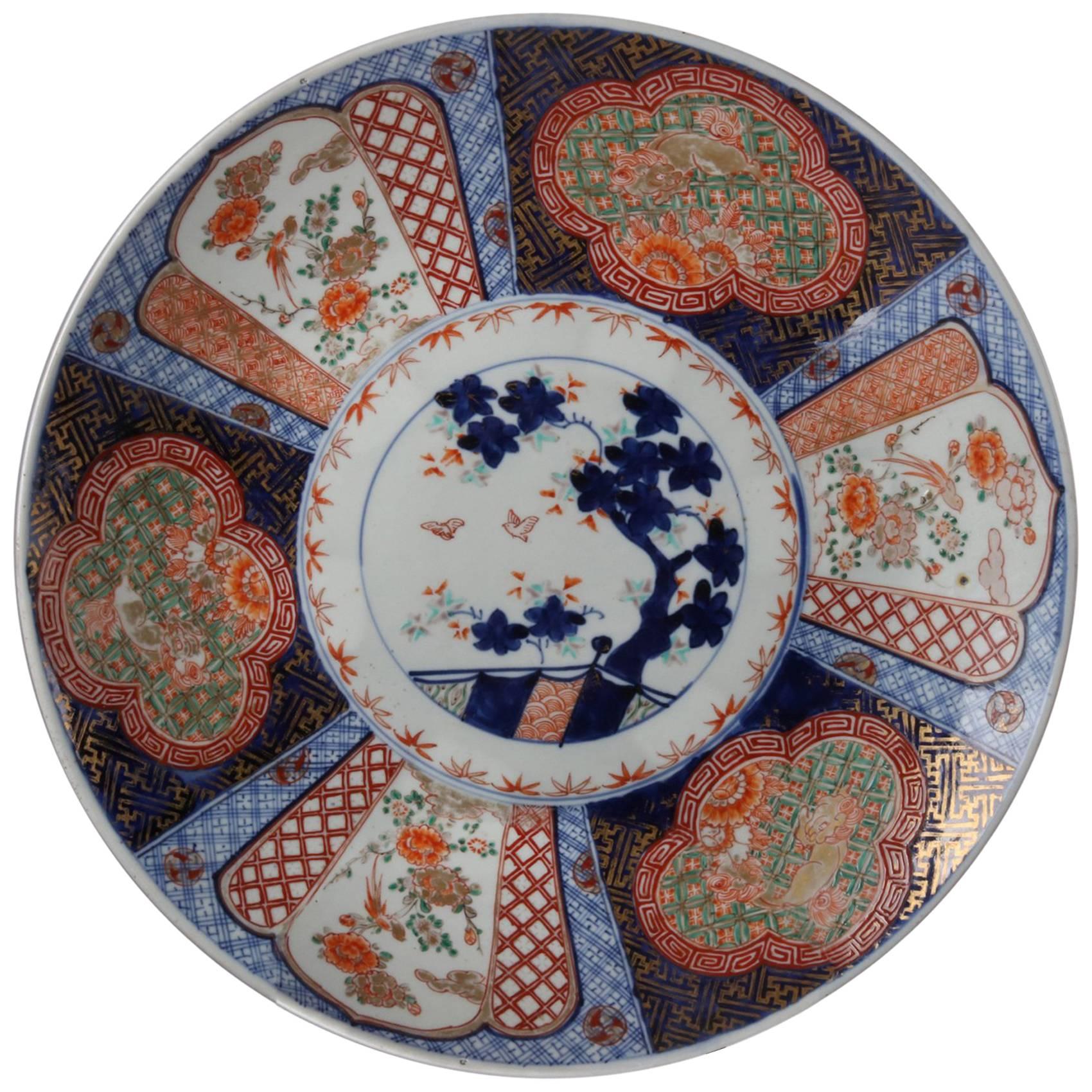 Antique Hand-Painted Porcelain Imari Charger, Animals and Bonsai, 20th Century