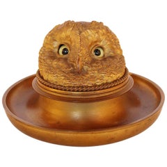 Antique Gilt Bronze Owl Head Inkwell