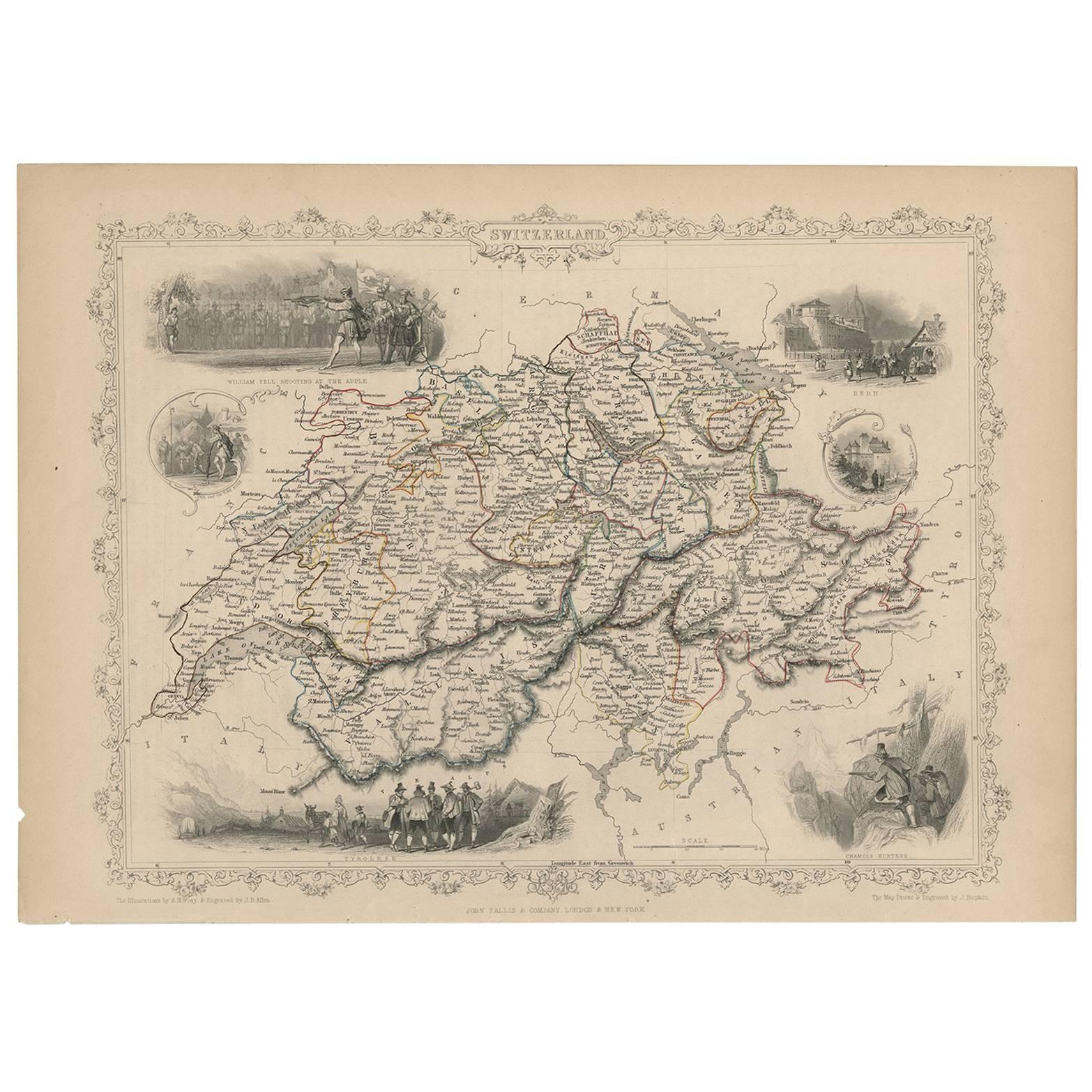 Carte ancienne de la Suisse par J. Tallis, vers 1851 en vente