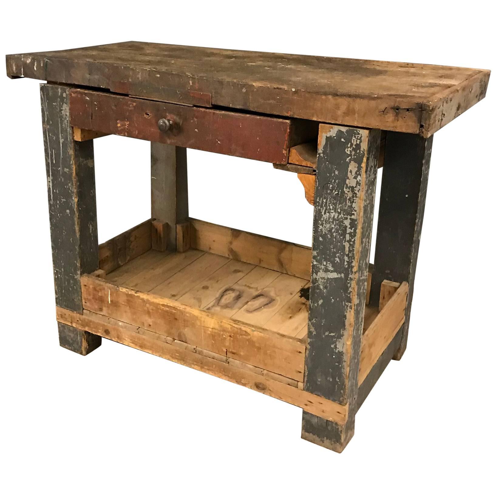 Small Work Bench with Oak Top and Drawer, France, Early 20th Century For Sale