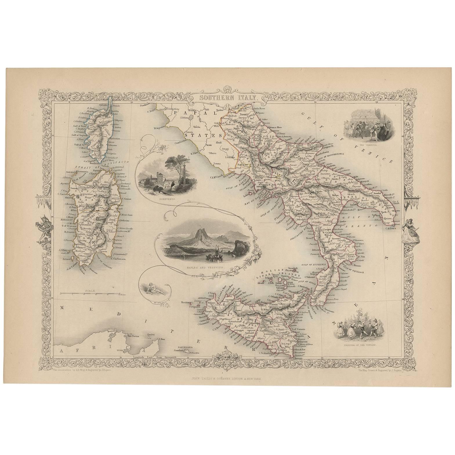Antique Map of Southern Italy by J. Tallis, circa 1851 For Sale
