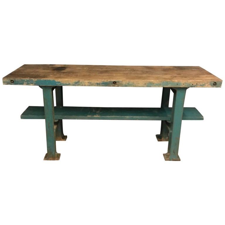 Industrial Workbench with Blue Cast Iron Base For Sale