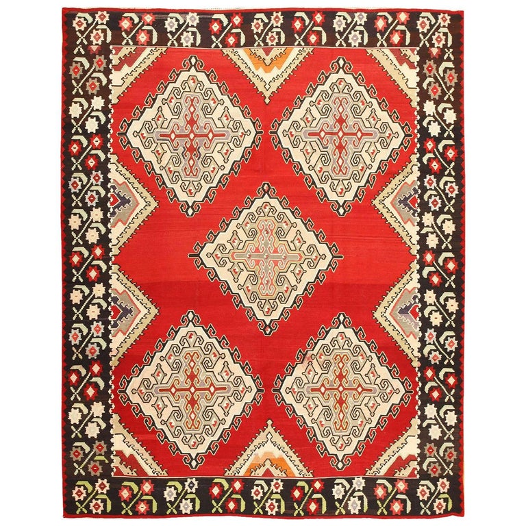 Vintage Red Background Turkish Kilim Rug For Sale at 1stdibs