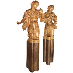 Magnificent Pair of Antique Carved Pine Angels on Iron Bases, circa 1710