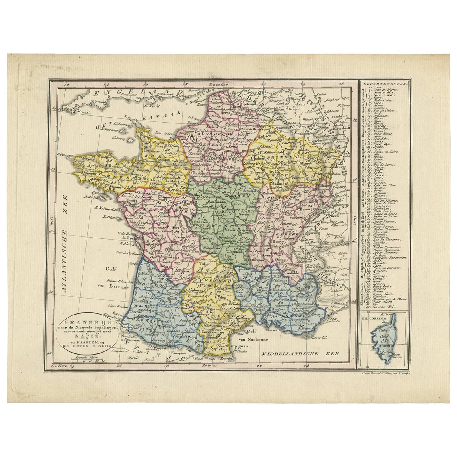 Carte ancienne de France par Van Baarsel (vers1820) en vente