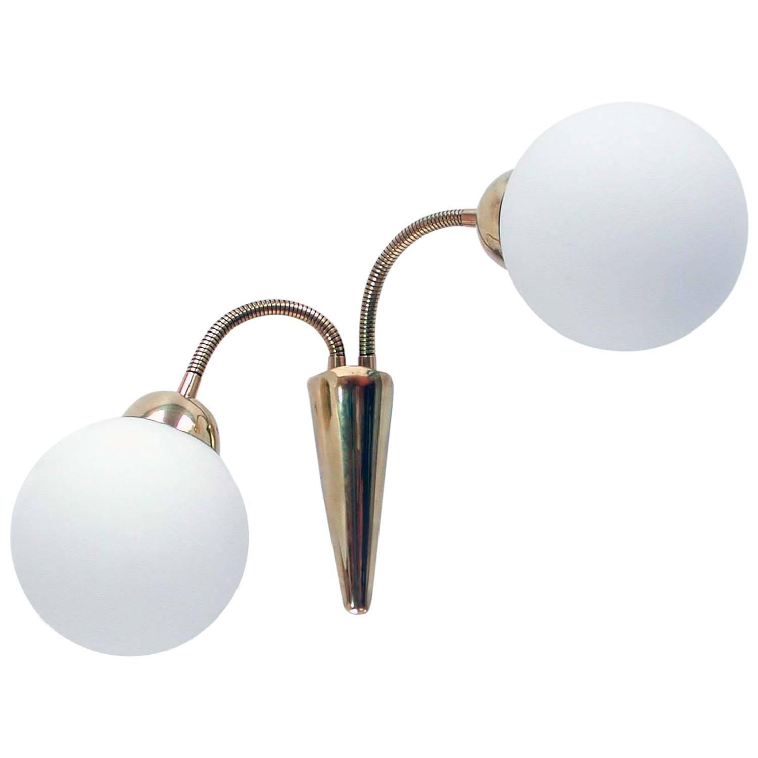 Midcentury Italian Double-Gooseneck Brass and Opal Glass Sconce, 1950s