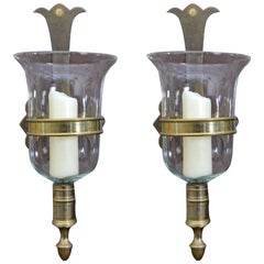 Sarreid Bronze and Glass Hurricane Lamps, a Pair