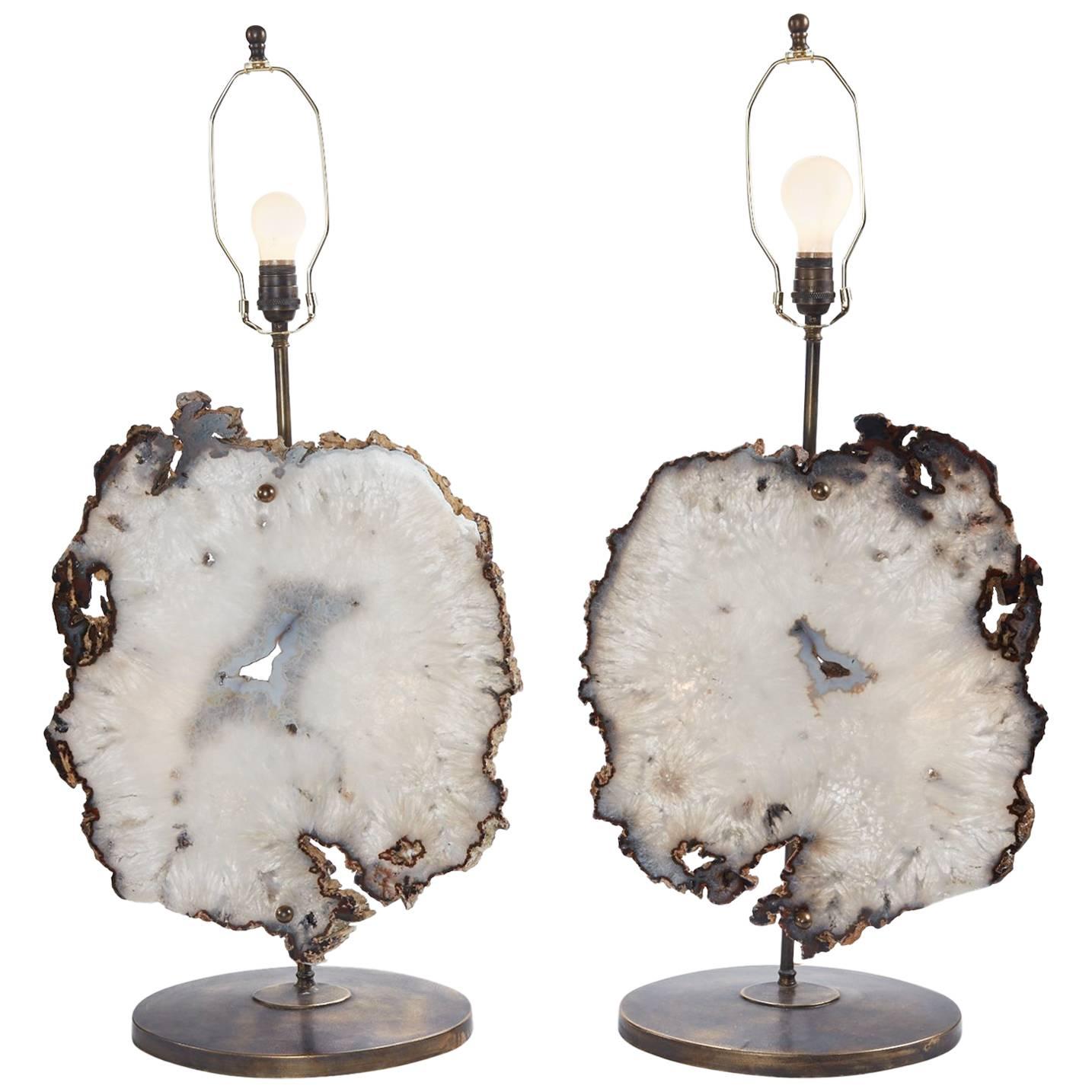 21st Century Pair of Authentic and Rare Large Agate Brass Lamps