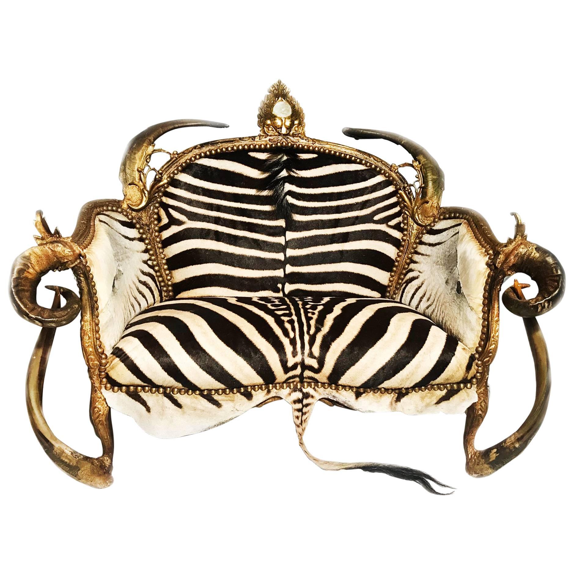 Zebra and Horns Double Sofa with Real Burchell Zebra Skin