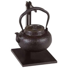 Antique Tetsubin Iron Bronze Brown Water Kettle Japan Meiji Ruyundo Ihada Texture Signed