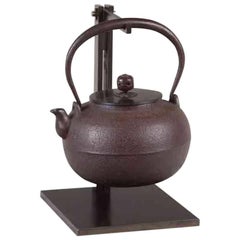 Antique Tetsubin Iron Bronze Brown Water Kettle Japan Meiji Ruyundo Ihada Texture Signed