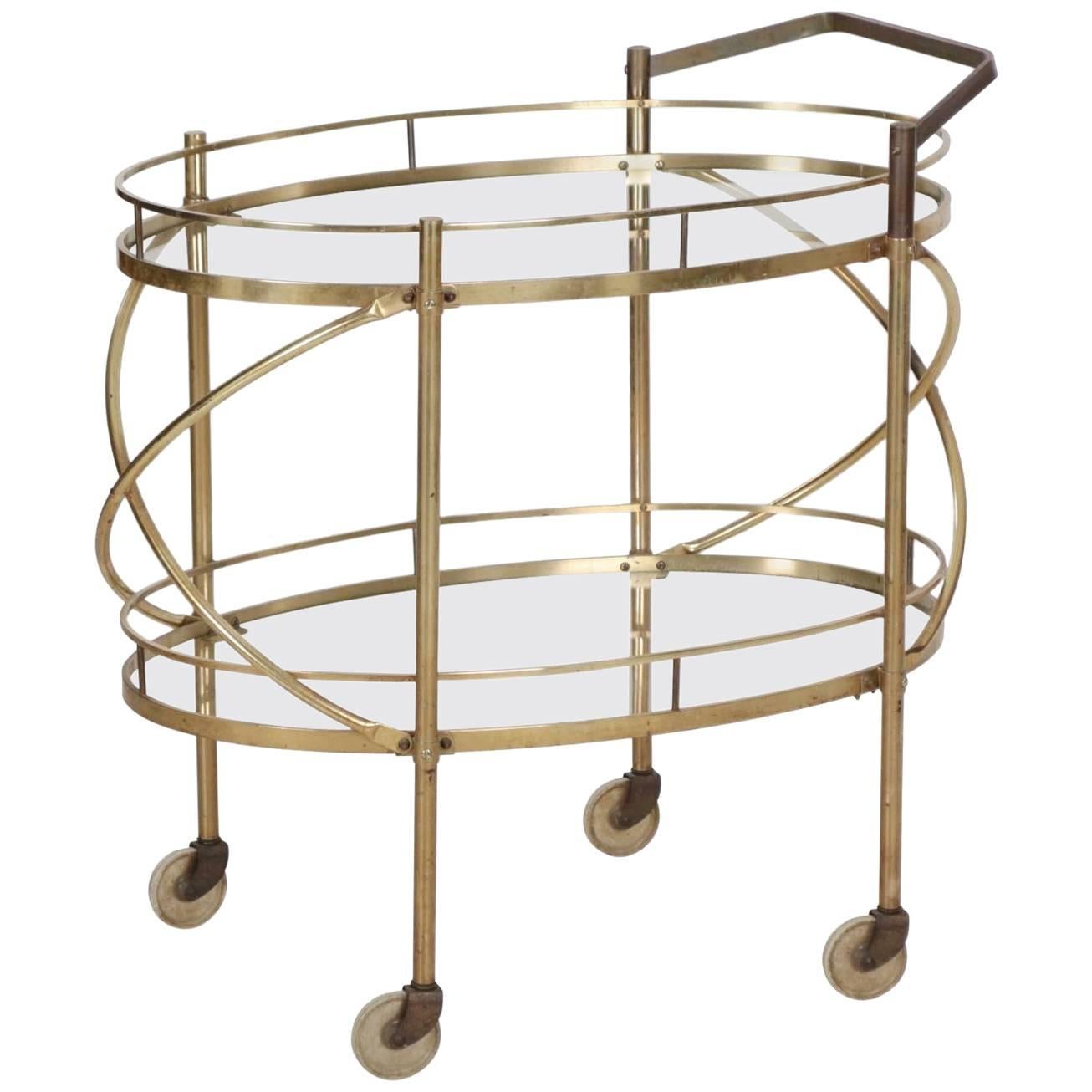 Vintage Server Bar Cart Trolley Oval Brass & Glass Two-Tier Table circa 1960's