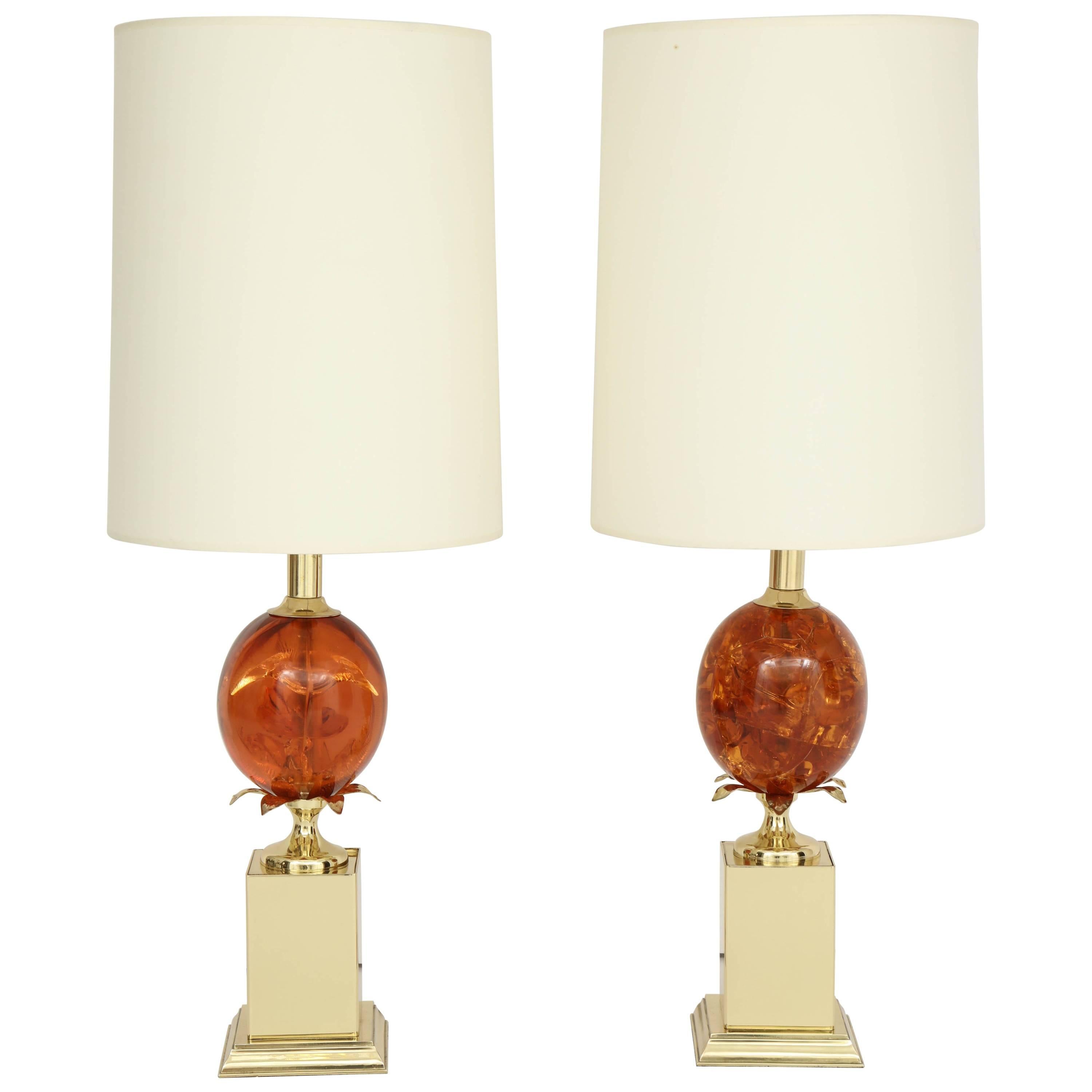 Pair of Amber Colored Resin Lamps  For Sale