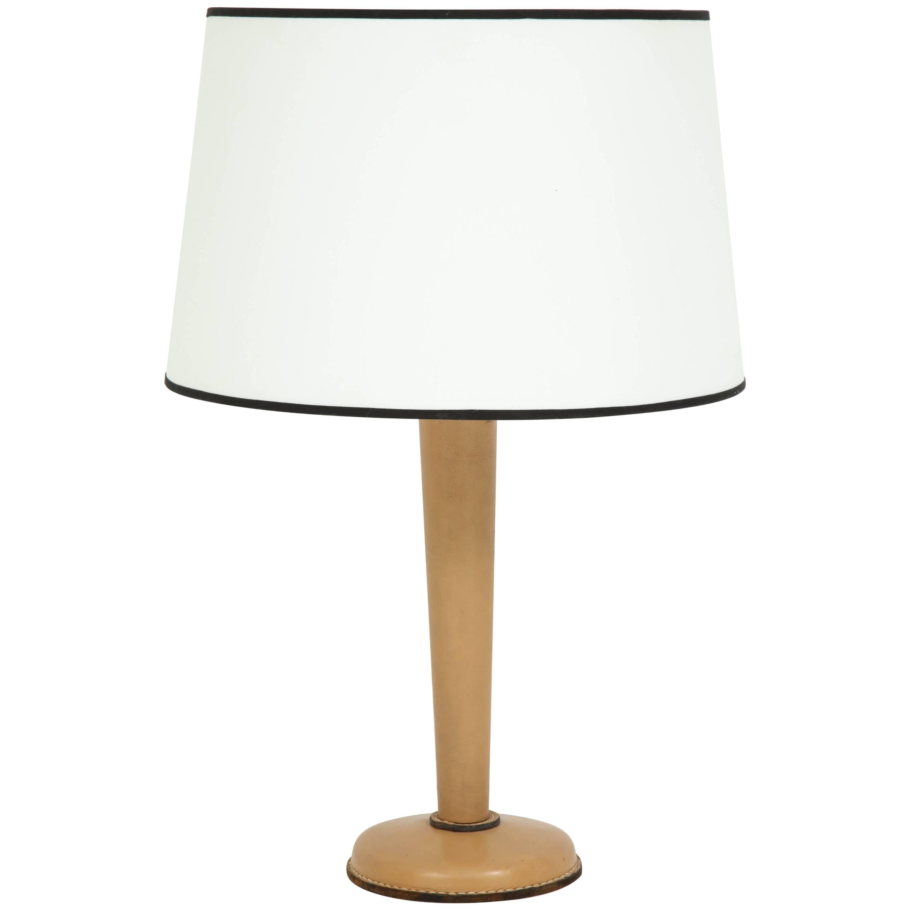 Large Jacques Adnet Table Lamp in Stitched Leather