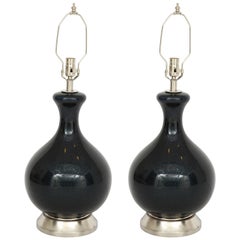 Vintage Eglomise Black, Navy Blown Glass Lamps