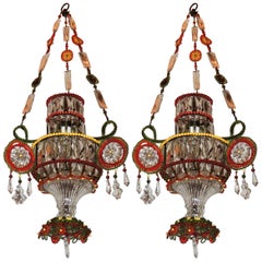 Wonderful Pair of Multicolored Beaded Crystal Pendent Chandelier Light Fixture