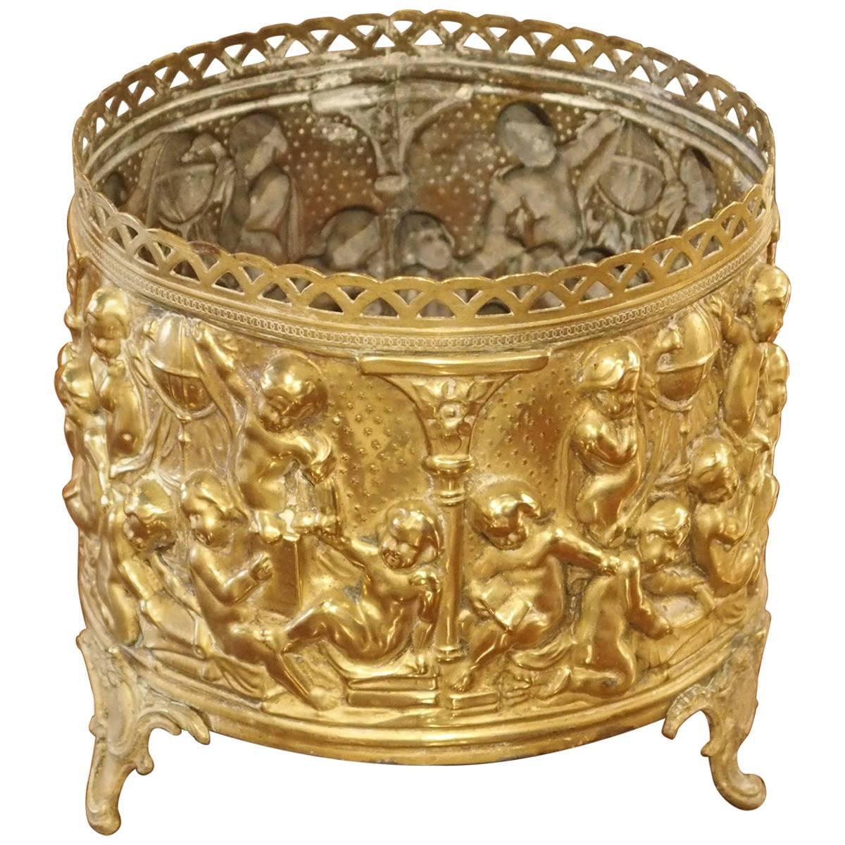 Small Antique French Brass Repousse Planter, circa 1900