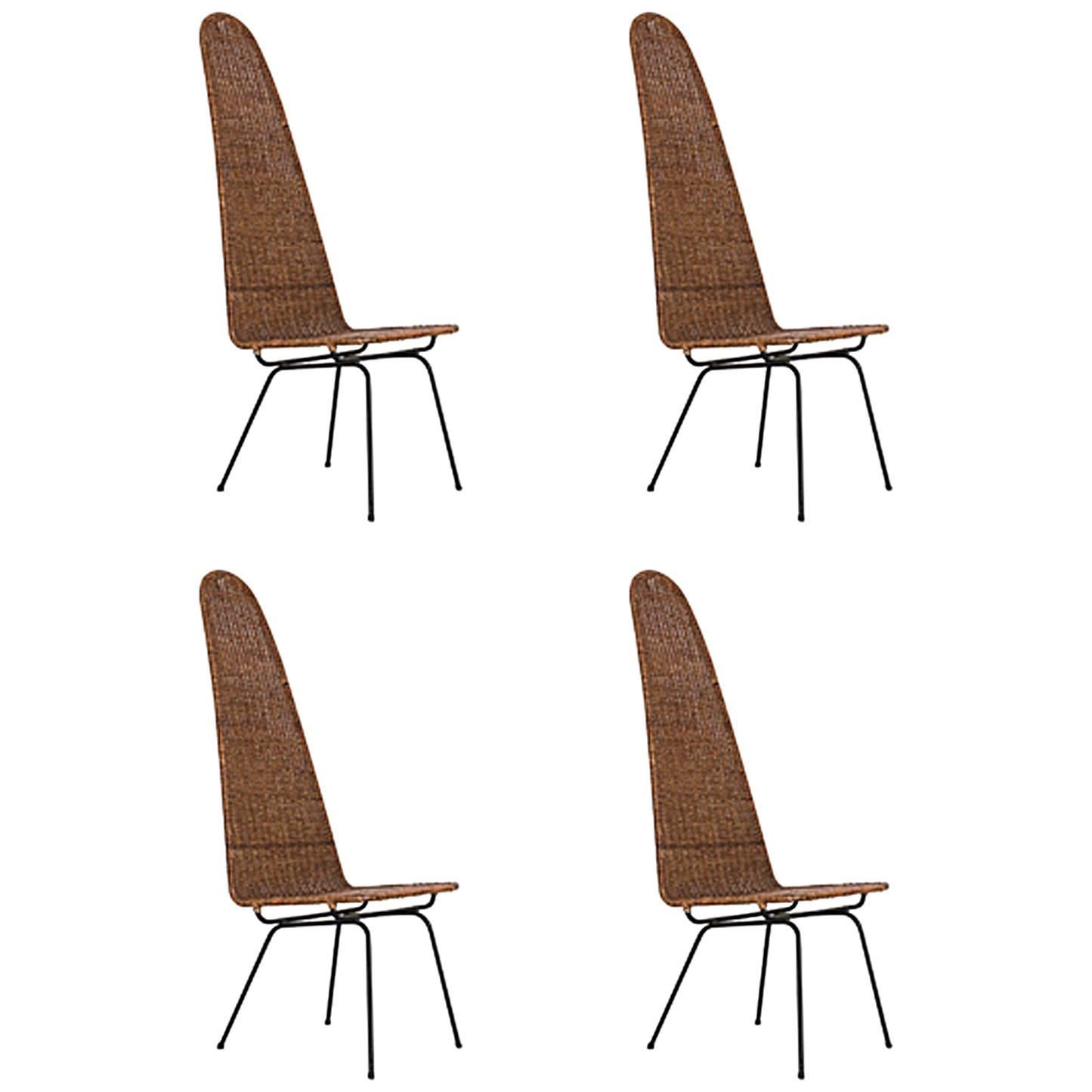 1950s Set of Four Carlo Hauner Chairs in Wrought Iron and Reed, Brazil Modern