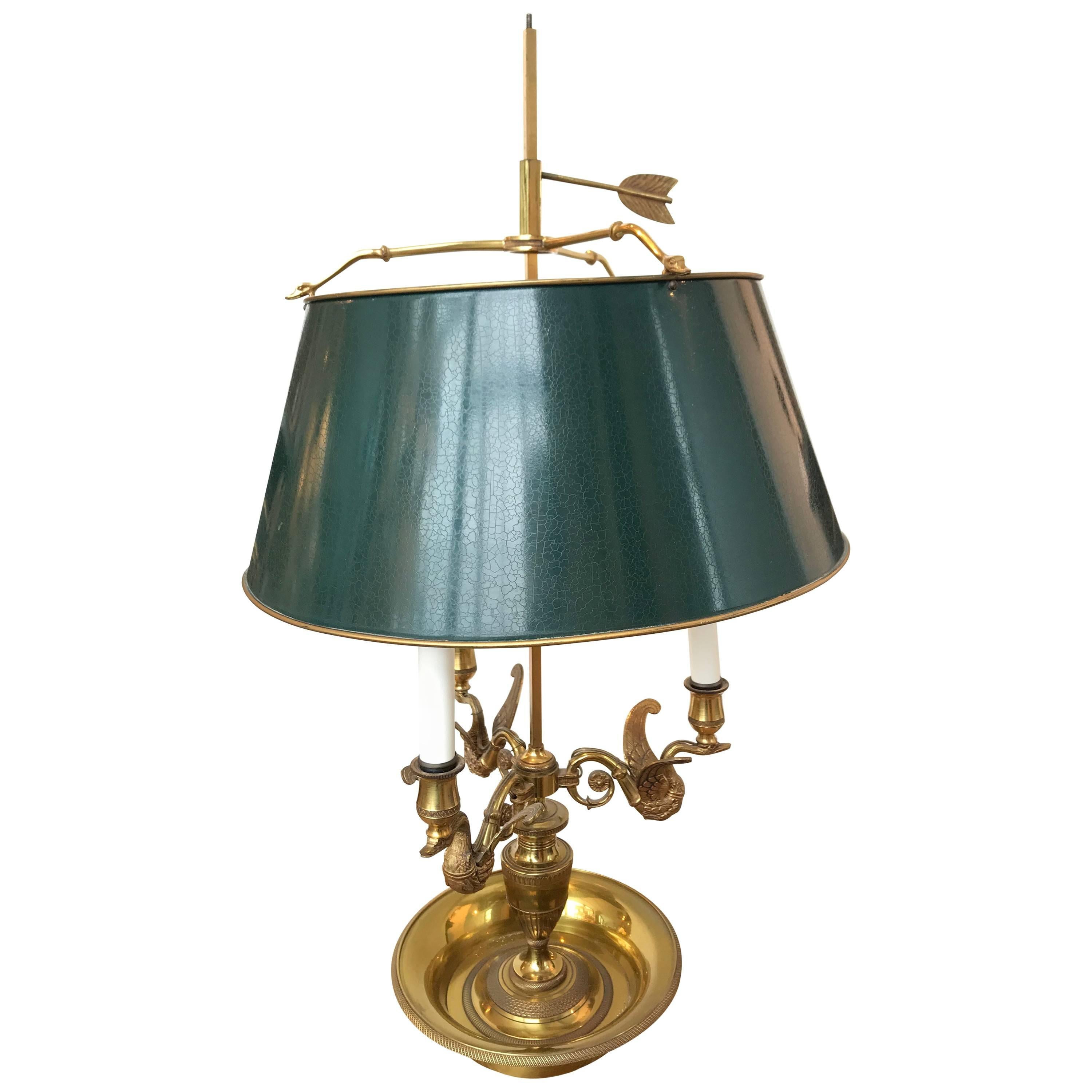Green Metal Lamp with Brass Arms and Base For Sale