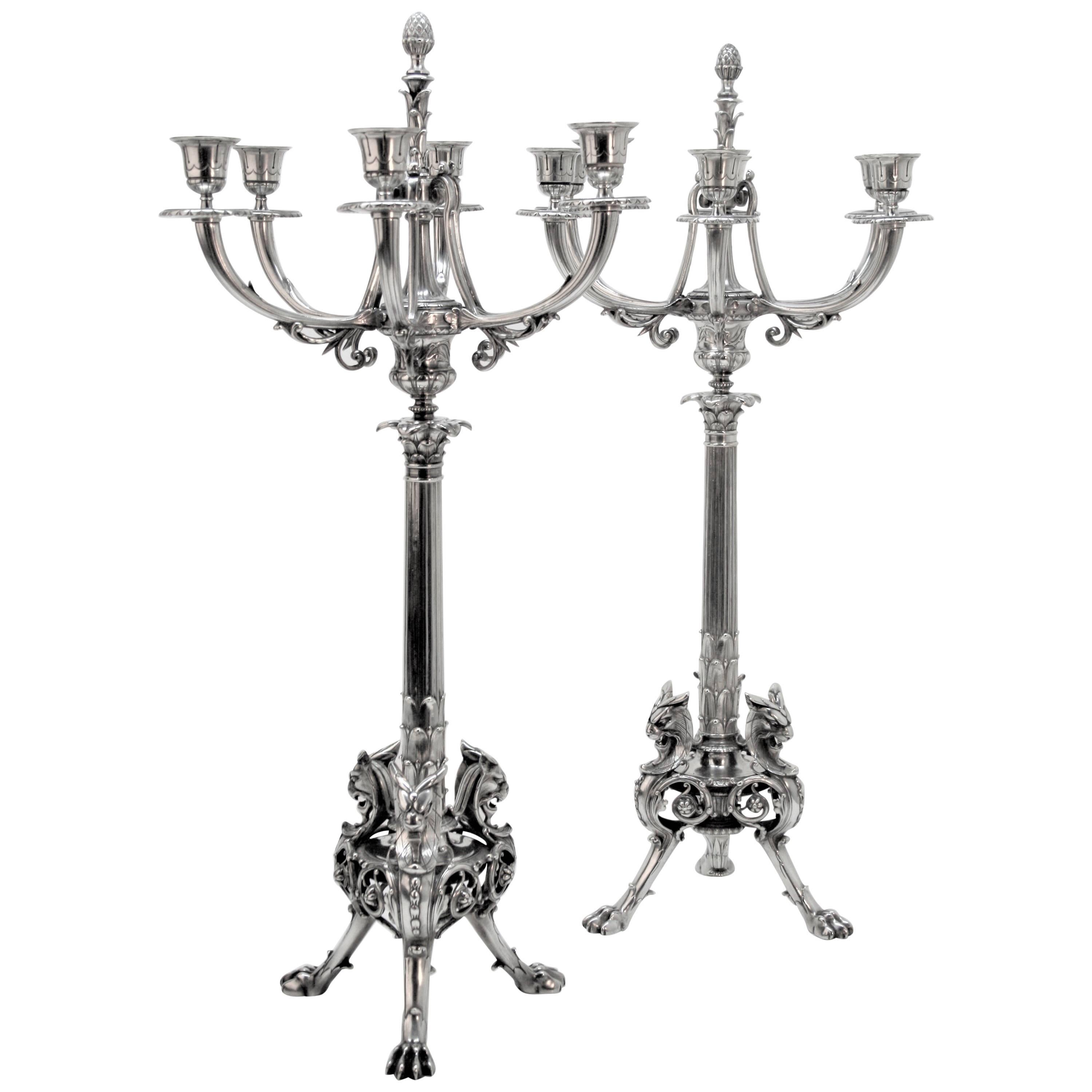 Christofle Large Pair of Silvered Bronze Candelabra, 19th Century