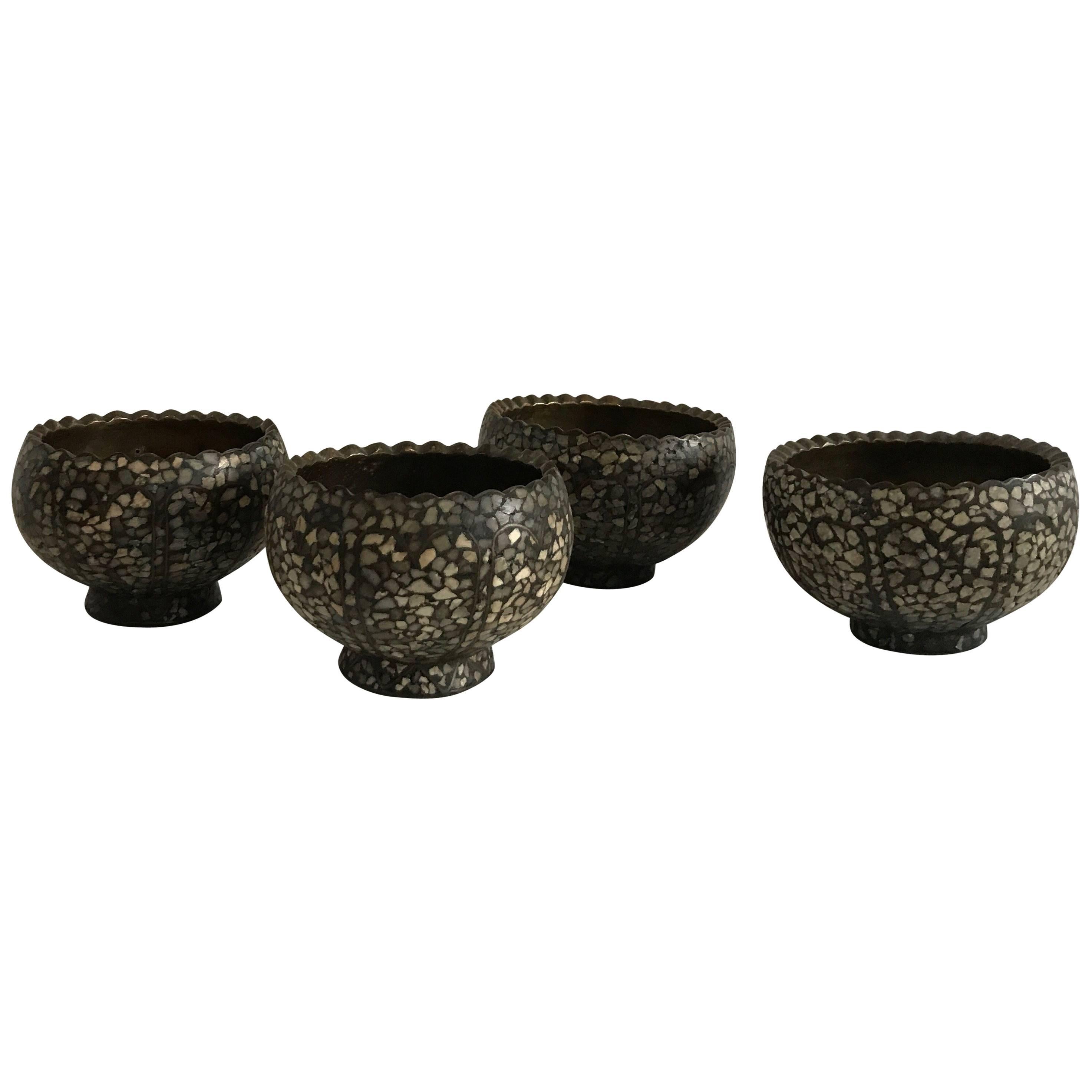 Collection of 20th Century, 1950 Indian Brass and Bone Inlay Bowls