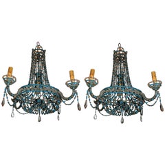 Vintage Pair of Turquoise Beaded Crystal Basket Chandelier Italian Swag Fixtures