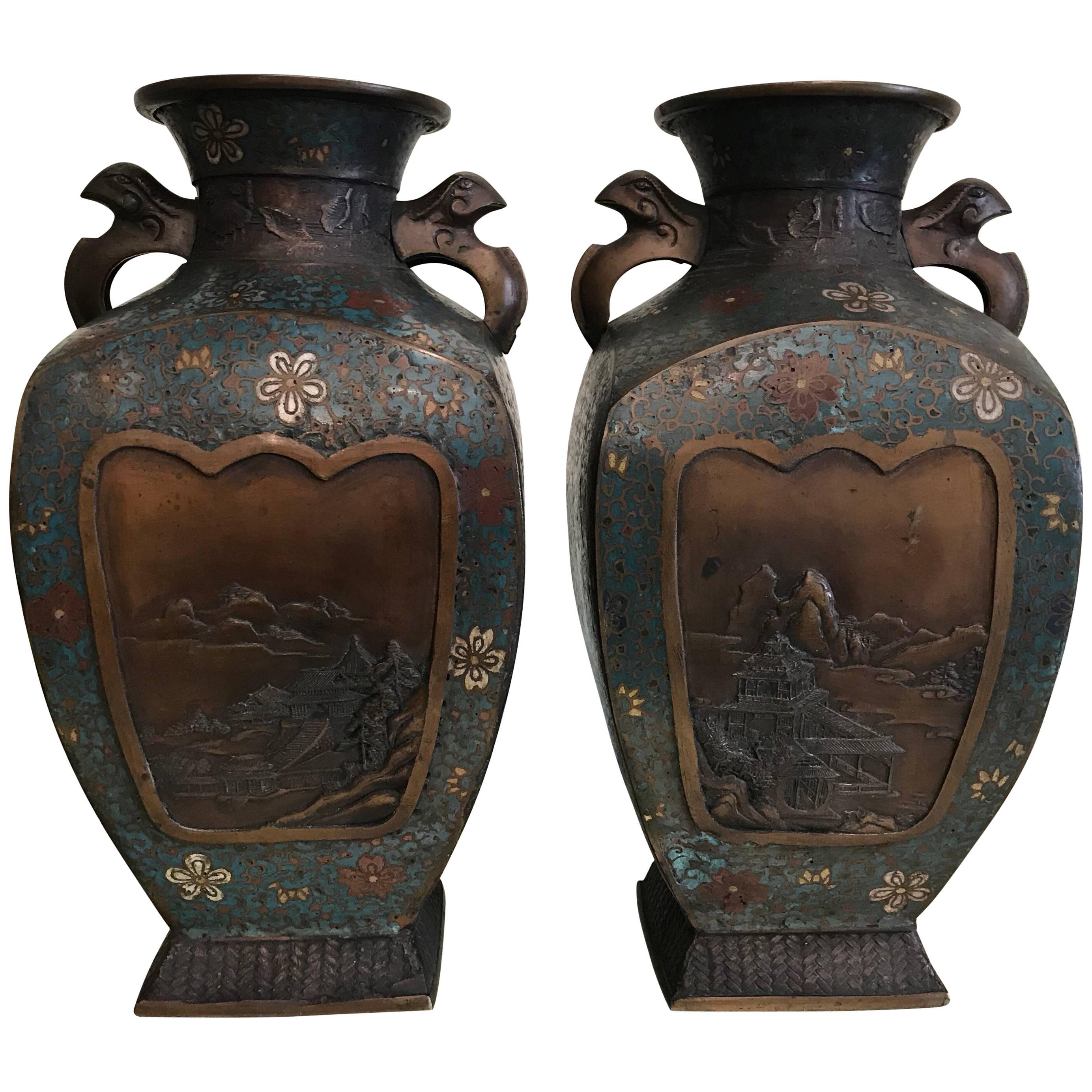 Pair of Cloisonné Vases For Sale