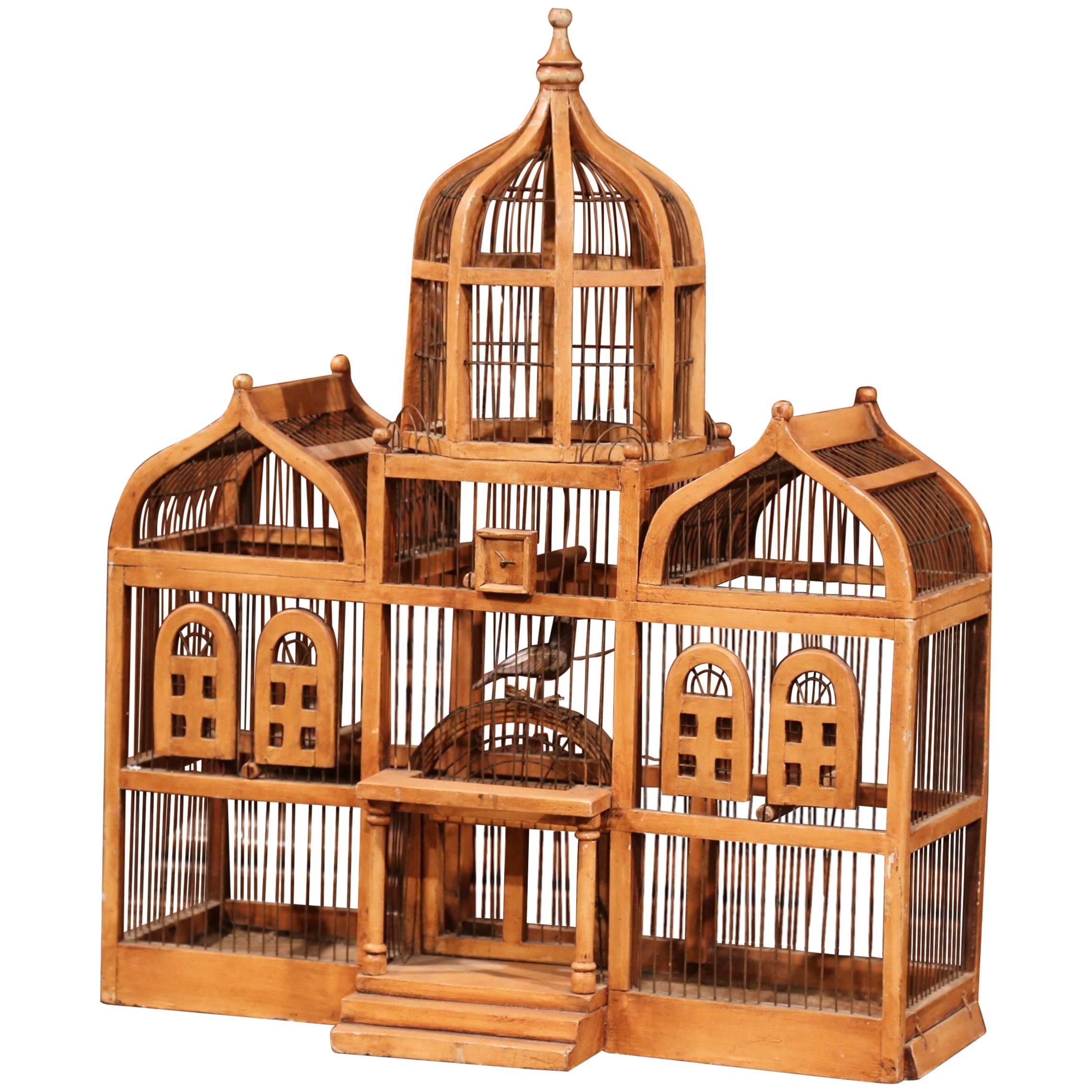 Large 19th Century French Hand-Painted Carved and Wired Birdcage with Dome Top