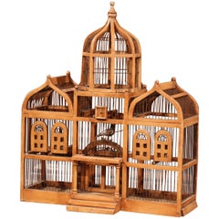 Antique Large 19th Century French Hand-Painted Carved and Wired Birdcage with Dome Top