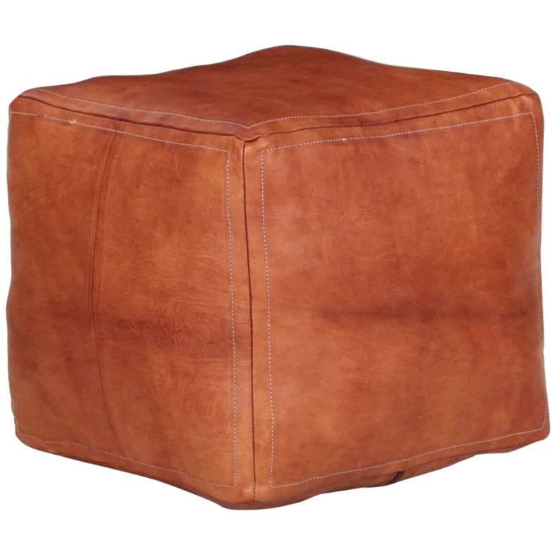 Stitched Caramel Leather Square Ottoman Pouf Footstool, 20th Century