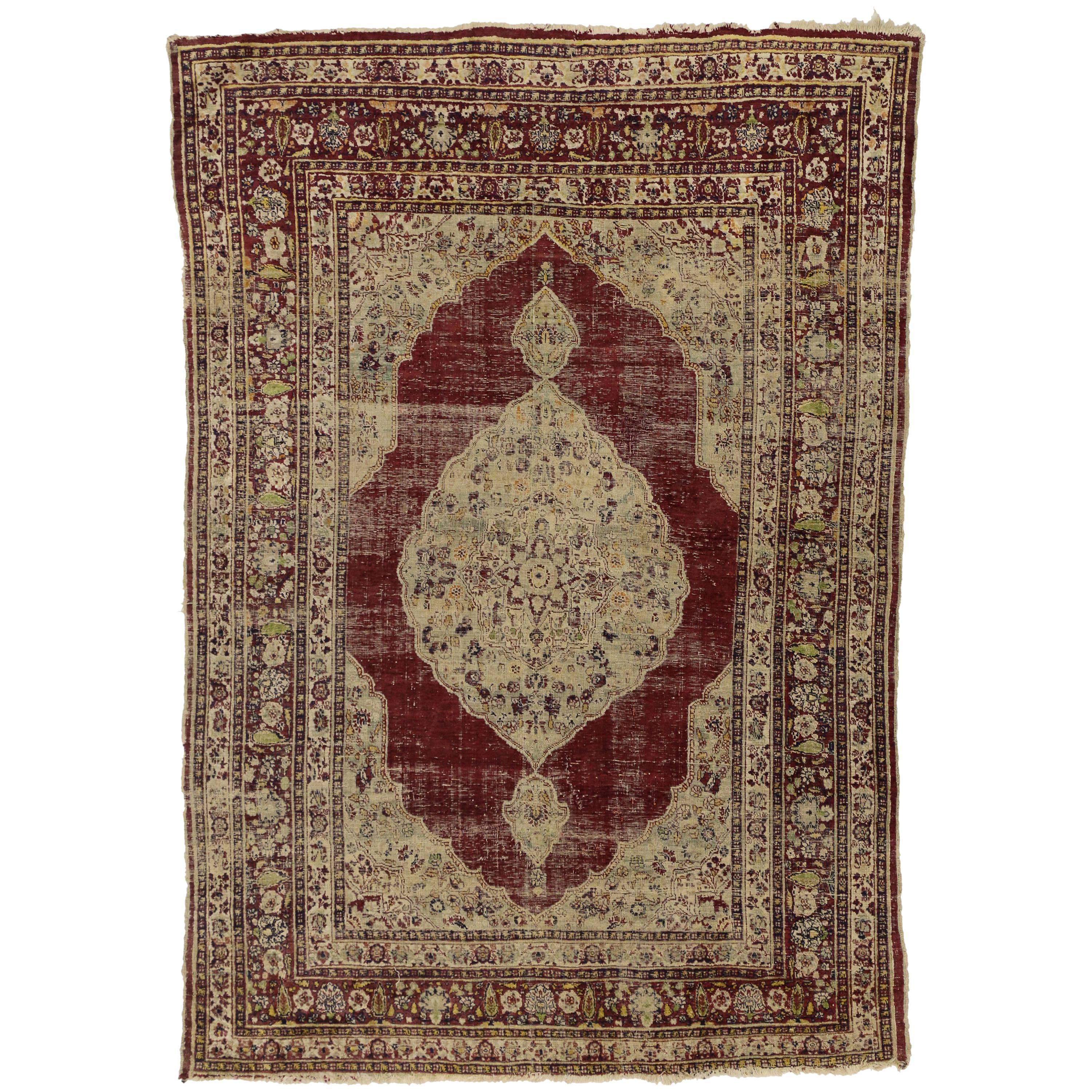 Distressed Vintage Persian Silk Tabriz Rug with Modern Industrial Style For Sale