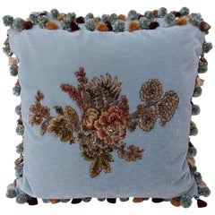 Light Blue Velvet Pillows with Floral Appliqué and Round Tassel Trim, A Pair