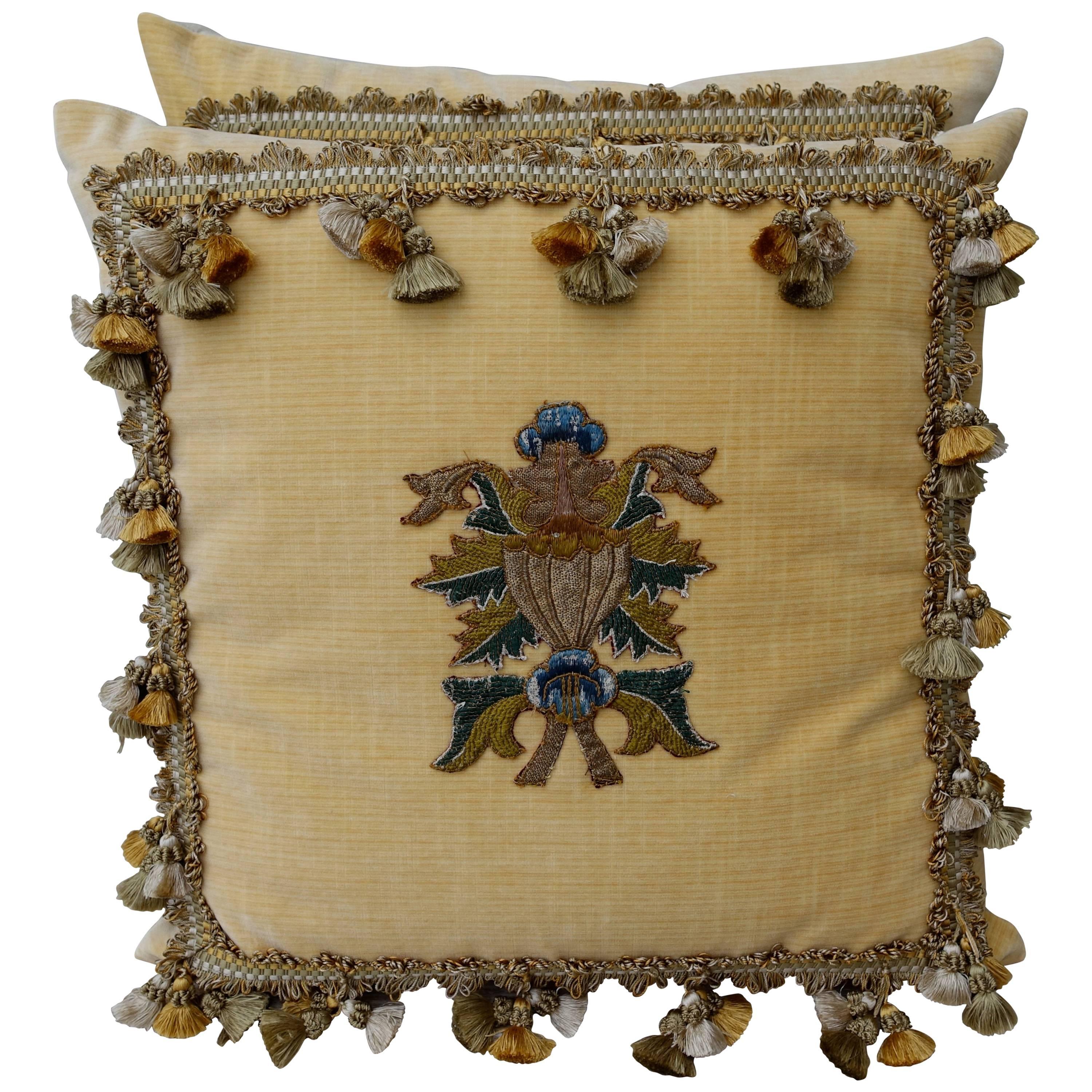 Pair of Yellow Velvet Appliqued Pillows by Melissa Levinson For Sale