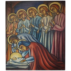 Religious Art Deco Birth of Christ Painting with Jozef and Mary and Angels