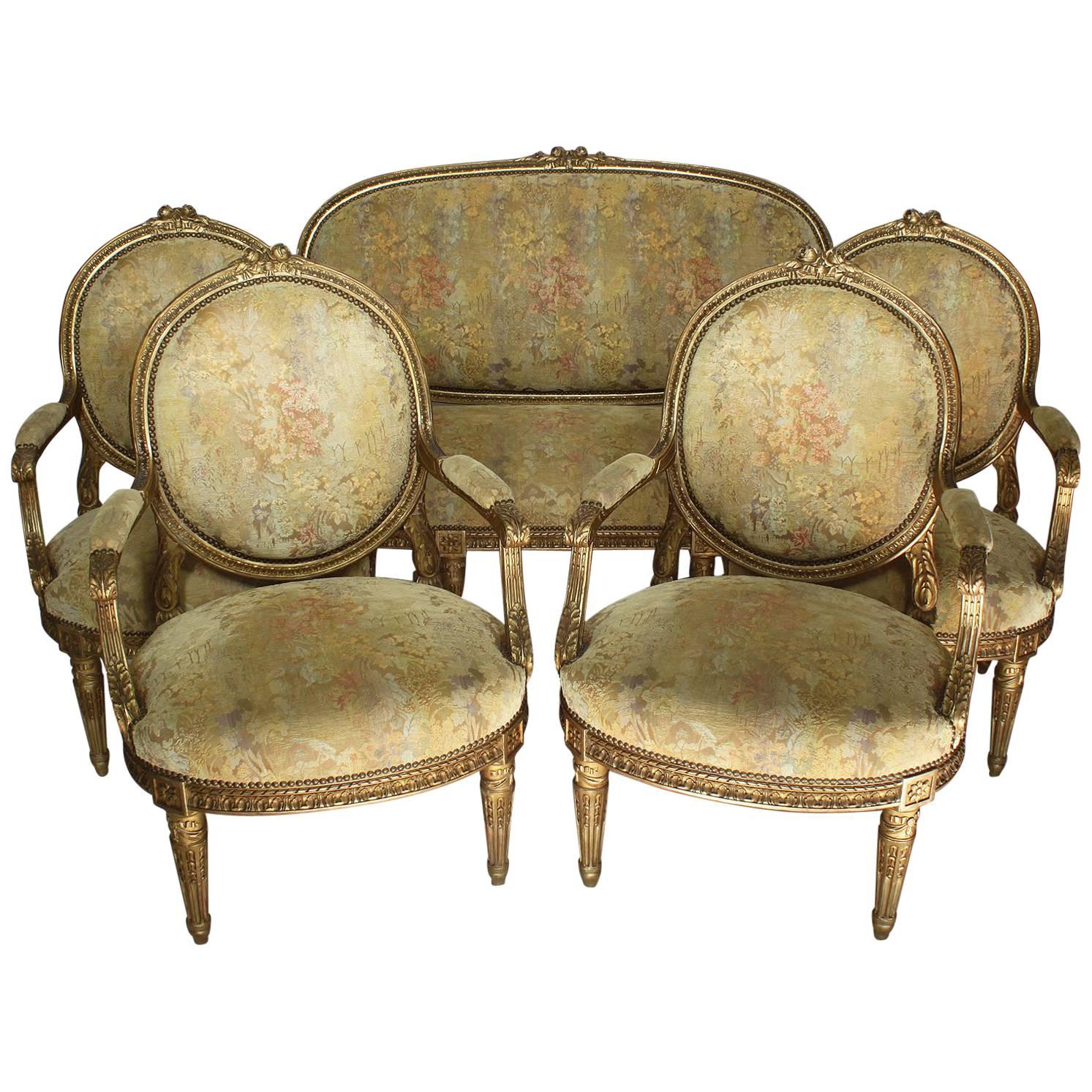Fine French 19th Century Louis XVI Style Giltwood Carved Five-Piece Salon Suite