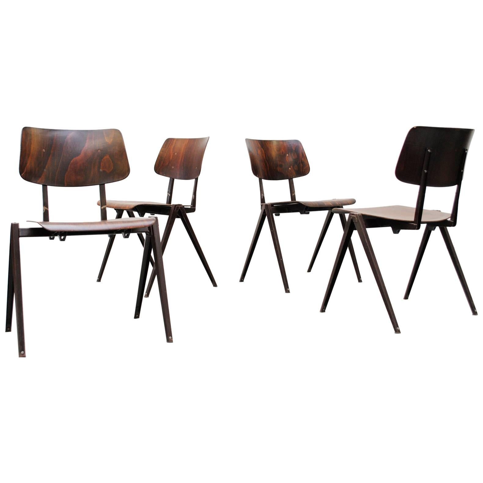 Set of Four Prouve Inspired Wenge Stacking School Chairs