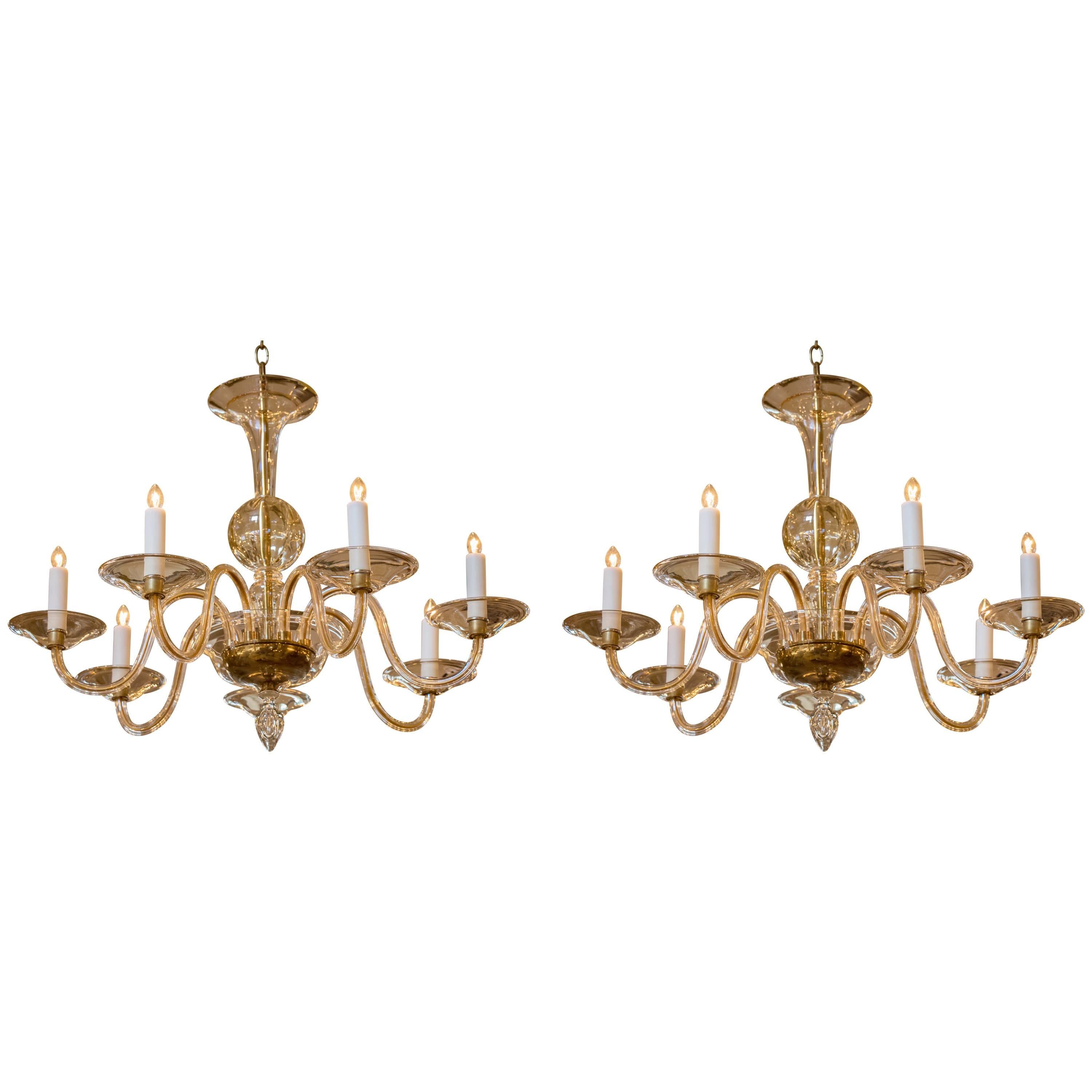 Pair Hand-Blown Italian Murano Glass Chandeliers in the "Moderne" Style