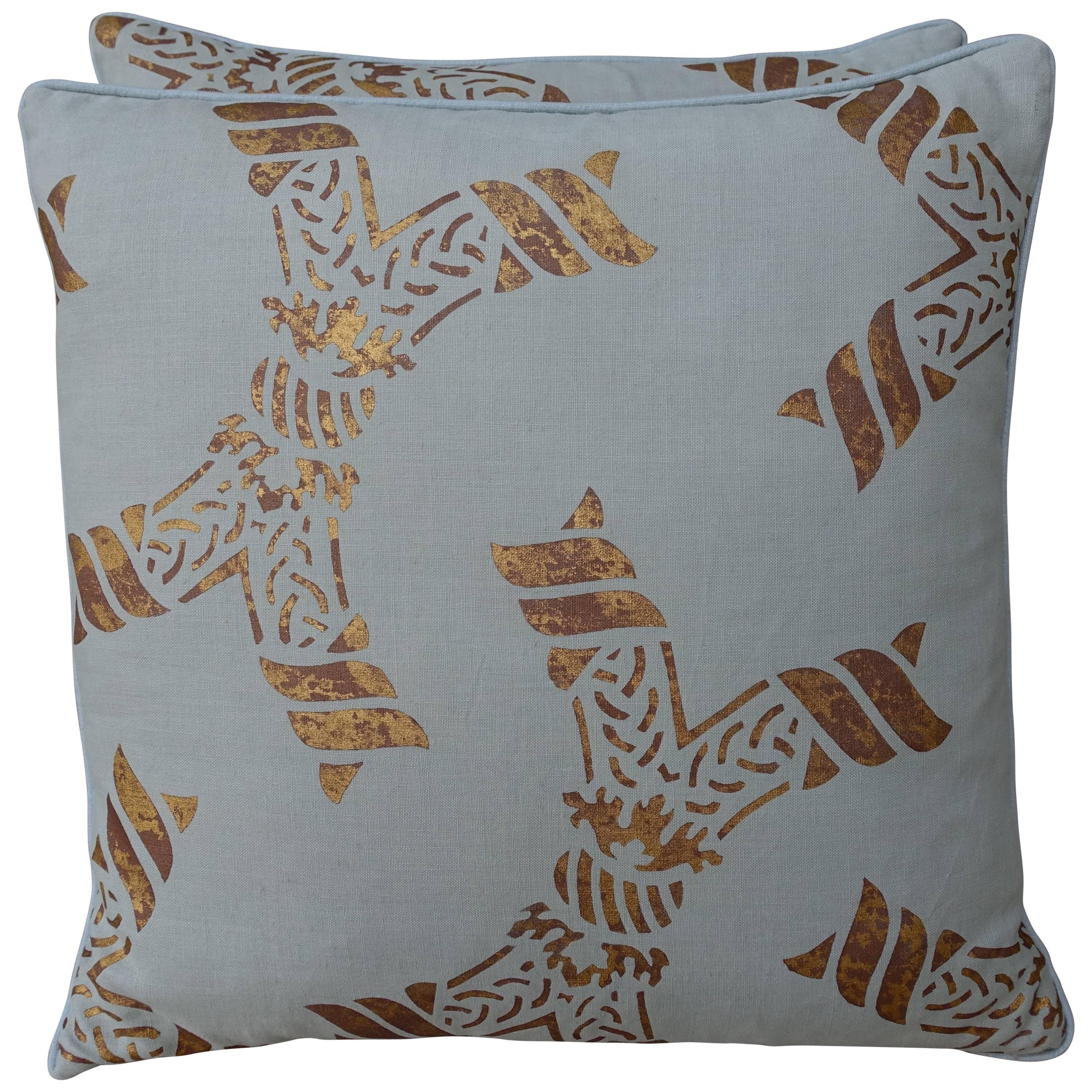 Pair of Gold Stenciled Nomi Linen Pillows by Melissa Levinson