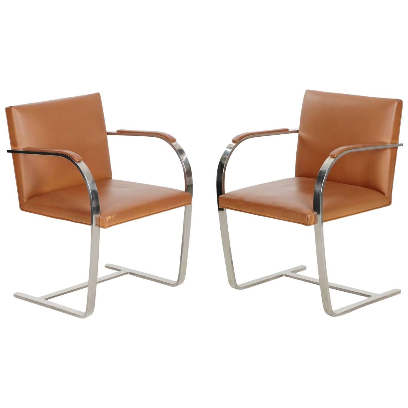Pair of Steel and Leather BRNO Arm Chairs by Mies Van Der Rohe for Knoll