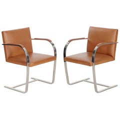 Pair of Steel and Leather BRNO Arm Chairs by Mies Van Der Rohe for Knoll