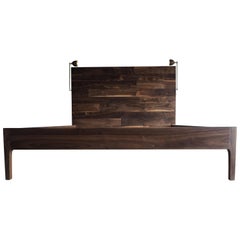 Walnut High Back Bed by MSJ Furniture Studio with Attached Bedside Lamps