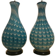 Pair of Blue Tessare Grafitto Barbarico Lamps by Ercole Barovier