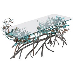 Midcentury Silas Seandel Style Metal Mangrove Tree Leaf Glass Top Coffee Table