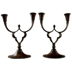 Just Andersen, Pair of Two-Armed Candelabras of Patinated Bronze