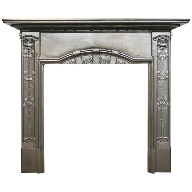 Antique Edwardian Art Nouveau Cast Iron Fireplace Surround For Sale at