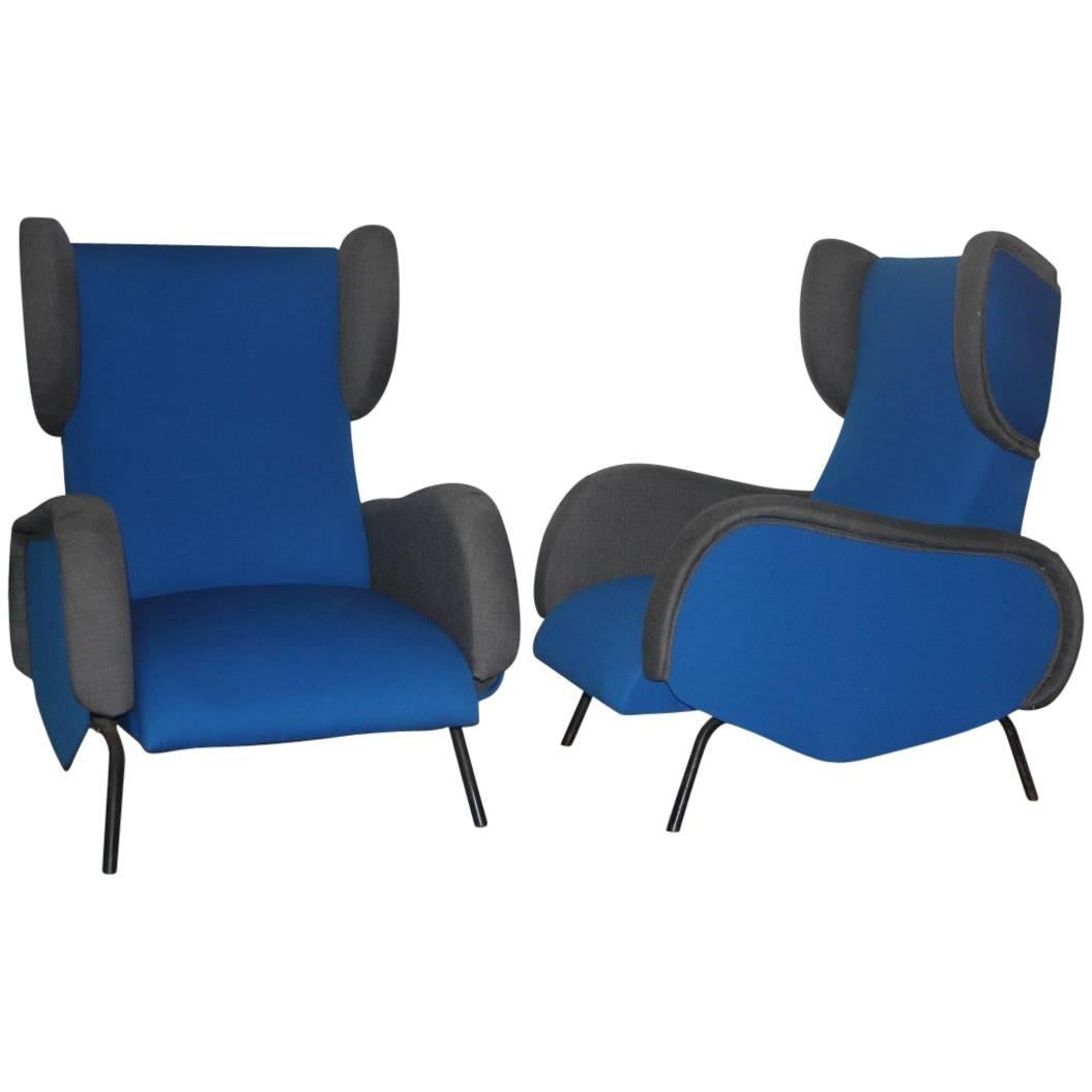 Mid-Century Modern Armchairs Italian  Design Blue Grey Color High Back 